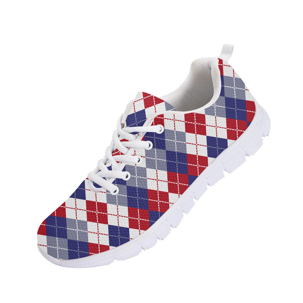 Patriotic Red White And Blue Argyle Pattern Running Shoes Sport Sneakers